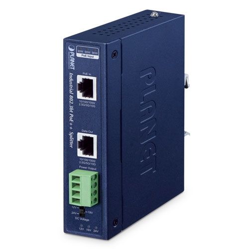 PLANET IP30 Industrial Single-Port 10Gbps 802.3bt PoE++ Splitter 24 V