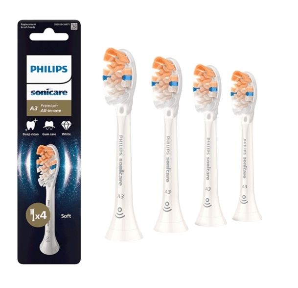Rezerve PHILIPS Sonicare A3 Premium All in One HX9094/87, Pachet de 4 capete de periere standard, Sincronizarea modurilor BrushSync,  Alb, L x A x I (mm) 25.7x60x230.5