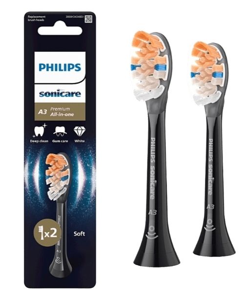 Rezerve PHILIPS Sonicare A3 Premium All in One HX9092/88, Pachet de 2 capete de periere standard, Sincronizarea modurilor BrushSync,  Negru, L x A x I (mm) 25.7x60x230.5