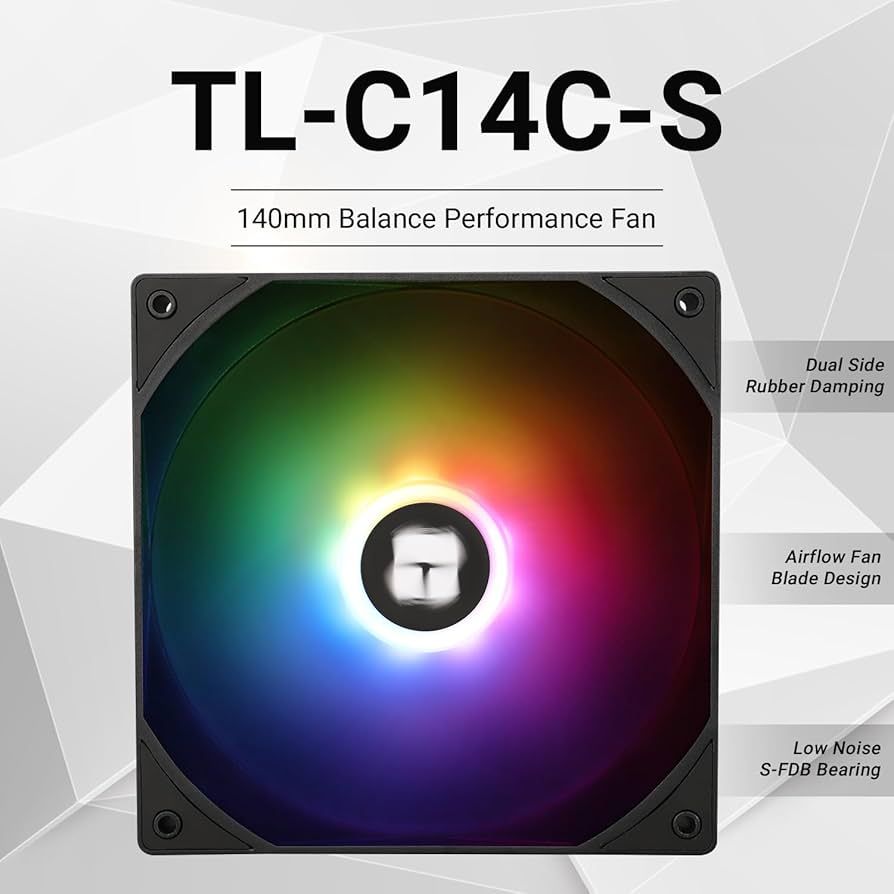 Ventilator Thermalright, 140mm, 1500 RPM, S-FDB Bearing, 75.8 cfm, LED ARGB, 4pin PWM, negru,  TL-C14C-S  (timbru verde 0.18lei)