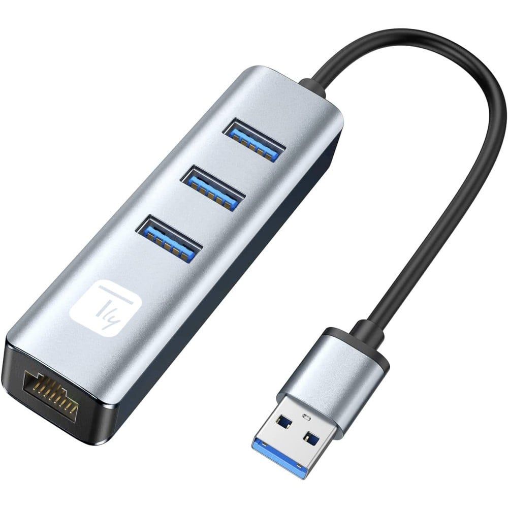 Techly IDATA USB-ETGIGA3AA stații de andocare și replicatoare de porturi pentru calculatoare portabile Prin cablu USB 3.2 Gen 1 (3.1 Gen 1) Type-A Negru, Argint