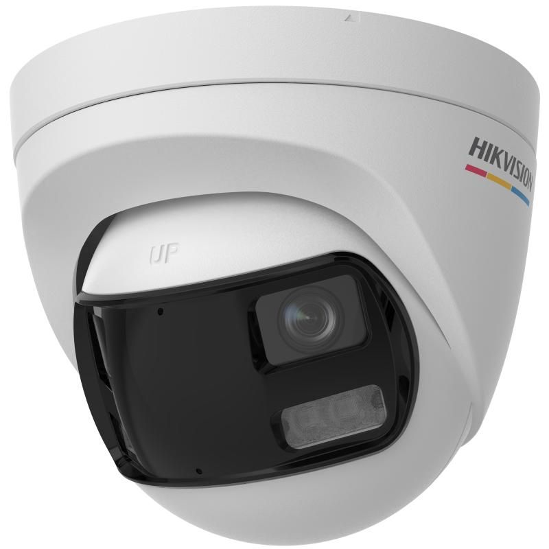 Camera de supraveghere Turret 3K Hikvision DS-2CE72KF3TP-DLS, lentila duala fixa 2.8mm, iluminare min: 0.0005 Lux @ (F1.0, AGC ON), 0 Lux cu lumina alba: 40m, IR: 40m, microfon incorporat, alimentare: 12 VDC ± 25%, max. 8.9 W, protectie: IP67, dimensiuni: Ø130.11 mm × 109.2 mm, greutate: 570g