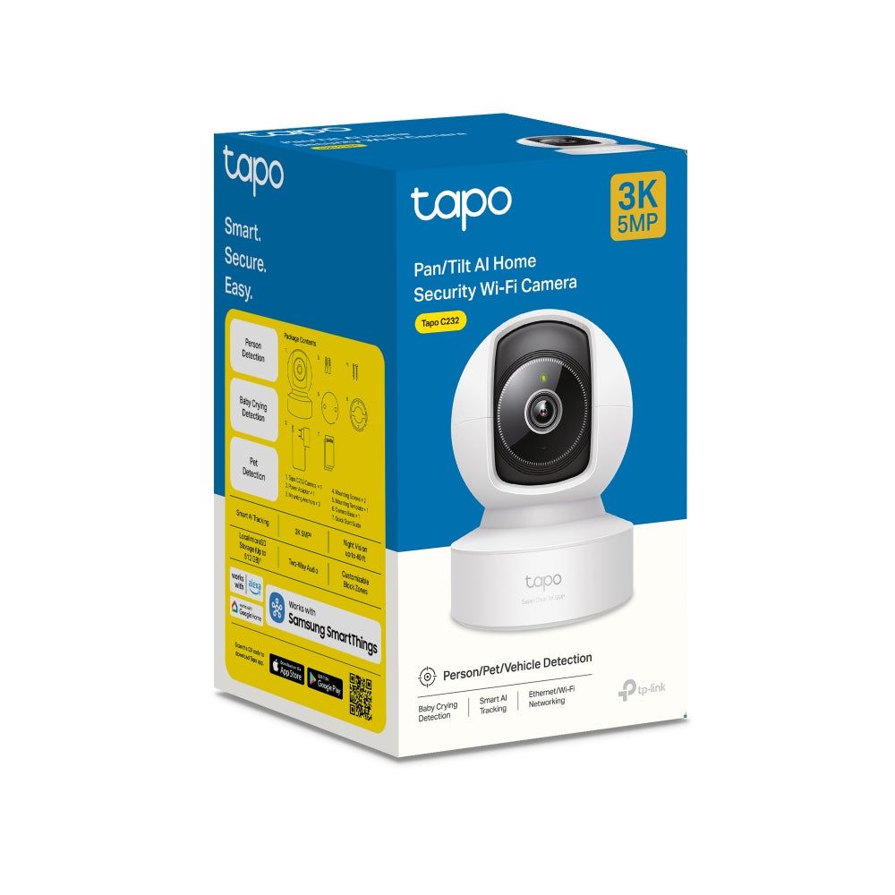Camera Wi-Fi home security TP Link, senzor 1/3  Progressive Scan CMOS Starlight Sensor, Focal Length: 4 mm, Aperture: F2.2, Pan Mechanical Range: 340° (360° Pan Coverage), Tilt Mechanical Range: 69° (110° Tilt Coverage), 850 nm IR LED, rezolutie maxima 2880 × 1620 px, frame rate 15/20/25/30 fps