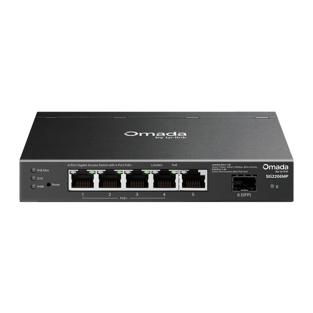 TP-LINK Switch Omada Access 6-Port Gigabit, 5× Gigabit RJ45 ports (4× PoE+) and 1× Gigabit SFP slot, 63W total PoE budget pana la 30W pentru fiecare port* PoE+, putere maxima 53.5 VDC / 1.31 A, capacitate switch 12 Gbps