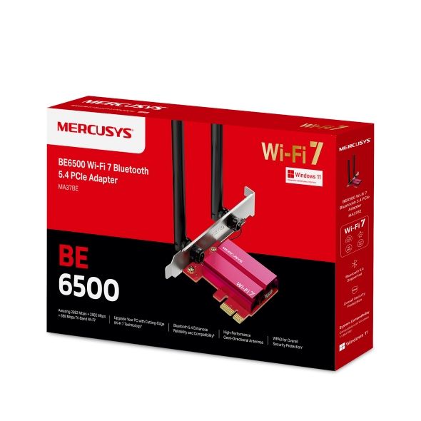 Adaptor Mercusys BE6500 WiFi 7 BT 5.4 PCIe, standarde wireless IEEE 802.11 ax/be 6 GHz, IEEE 802.11 a/n/ac/ax/be 5 GHz, IEEE 802.11 b/g/n/ax/be 2.4 GHz, 2 antene fixe High-Performance Omni-Directional, securitate wireless WPA-PSK/WPA2-PSK/WPA3-SAE