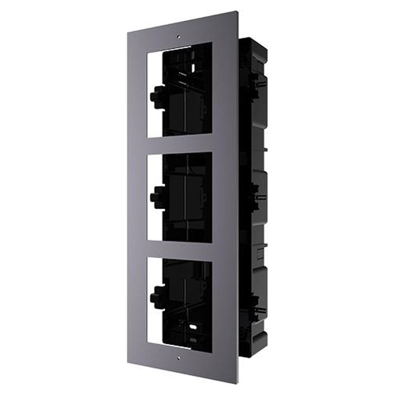 Panou frontal pentru 3 module videointerfon modular Hikvision DS-KD- ACF3 permite conectarea a 3 module de videointerfon modular montareincastrata material aluminiu, doza de plastic inclusa dimensiuni:337.8mm x 124mm × 4mm culoare: negru.