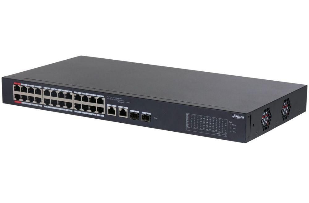 Dahua PoE Cloud Managed Desktop Layer 2 Switch, 26 Ports, 24x100M RJ-45 (PoE max 135W), 2xGbit RJ-45 (Combo), 2xGbit SFP (Combo)