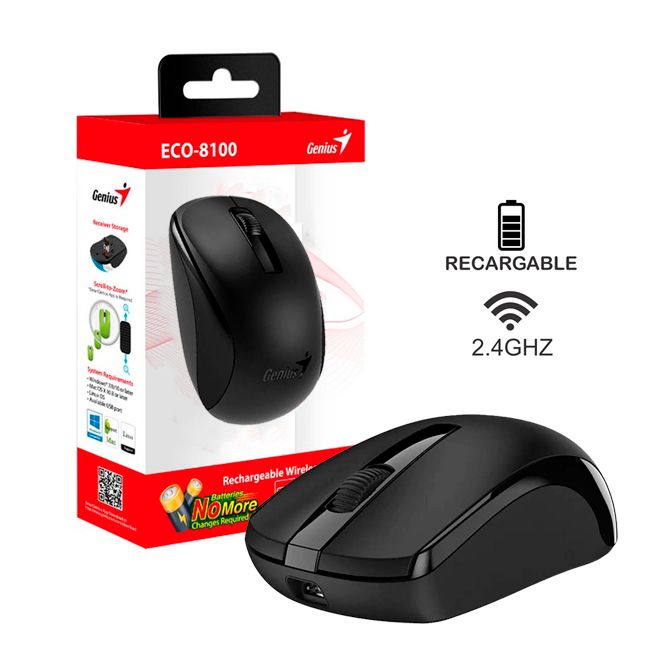 Mouse Genius  ECO-8100 , PC sau NB, wireless 2.4GHz, optic, 1200 dpi, butoane/scroll 3/1, acumulator, negru,  31030046400  (timbru verde 0.18 lei) 4710268 262749