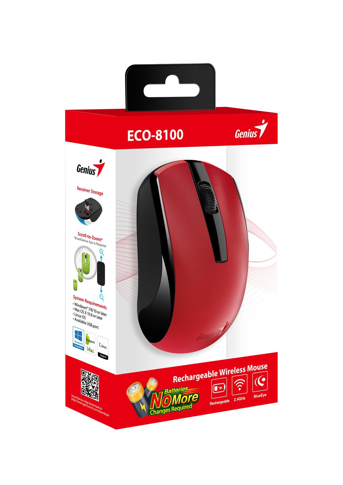 Mouse Genius  ECO-8100 , PC sau NB, wireless 2.4GHz, optic, 1200 dpi, butoane/scroll 3/1, acumulator, rosu,  31030046402  (timbru verde 0.18 lei) 4710268 262763