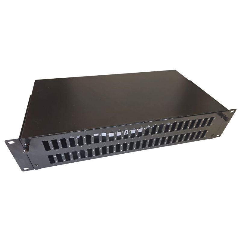 Patch panel FO cu sina glisanta 48 porturi LC quad / SC duplex, 2U, caseta sudura 24, tub termo, accesorii prindere, neechipat, negru - Emtex