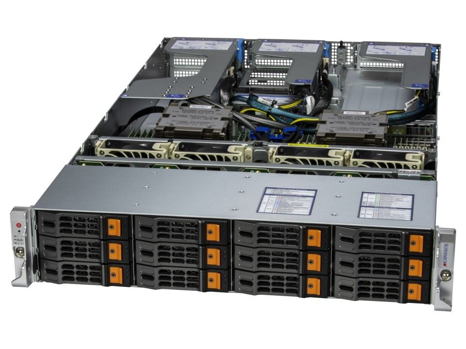 2U Hyper A+ Server AS-2025HS-TNR with 12 hot-swap 3.5  
• 2 × AMD EPYC 9554 64C/128T (3.1 GHz, 256 MB cache, 360 W)  
• 12 × 64 GB DDR5 ECC RDIMM 6400 MHz  
• 4 × Samsung PM9A3 1.9 TB NVMe PCIe 4.0 SSD  
• 1 × AIOM 2-port 10 GbE RJ45 (Broadcom BCM57416)  
• 12 × Hot-swap 3.5”/2.5” NVMe/SAS/SATA bays  
• 2 × M.2 NVMe (Gen 3 80/110 mm) for OS/boot  
• Dual 1600 W Titanium-level redundant power supplies  
• ASPEED AST2600 BMC with IPMI remote management  
• VGA + USB rear I/O, AIOM slot (OCP NIC 3.0 compatible)