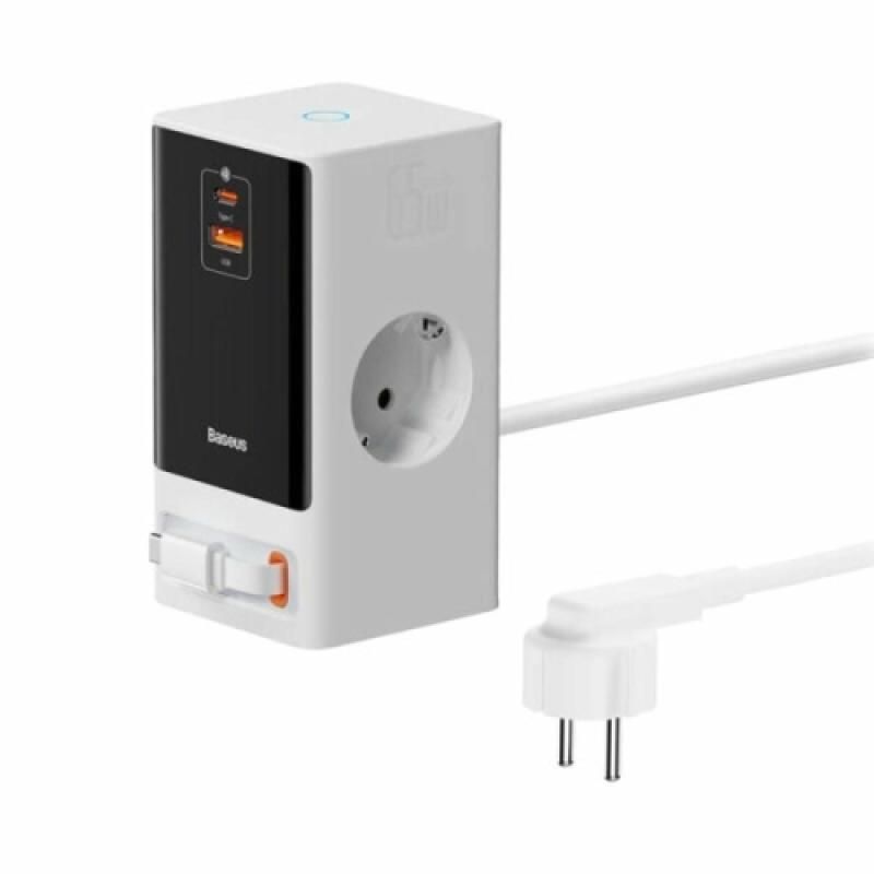 INCARCATOR RETEA Baseus PowerCombo Powerstrip, QC 65W, 2xAC, 1 x cablu integrat retractabil USB Type-C Output 5V/3A, 1xUSB, 1.5m, alb  PSLR000602  (timbru verde 0.18 lei) - 6932172628604