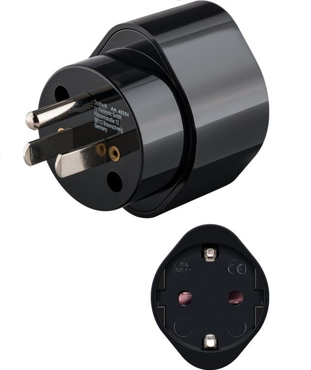Mains Adapter US/Japan, Black





	Handy, lightweight travel adapter for connecting electrical appliances from many EU countries to sockets in the USA or Japan
	Thanks to its compact design, the plug adapter saves space in your luggage when travelling.
	Ideally suited for charging or operating electrical appliances with safety plug or Europlug when travelling or on holiday
	Plastic plates in front of the contact openings of the socket provide increased protection against accidental contact.
	Travel adaptor does not convert voltage from the local mains and must only be connected to devices with suitable input voltage.





Device connections :
&ampnbsp


Input, Voltage Range : 250 (AC) V



Input, type : US/Japanese female (Type B, NEMA 5-15, 3-pin) x in



Output, max. amperage :15 A



Output, type : safety socket (Type F, CEE 7/3)



Output, max. amperage : 15.0 A

Color: black





Packaging: bulk 1 pc.