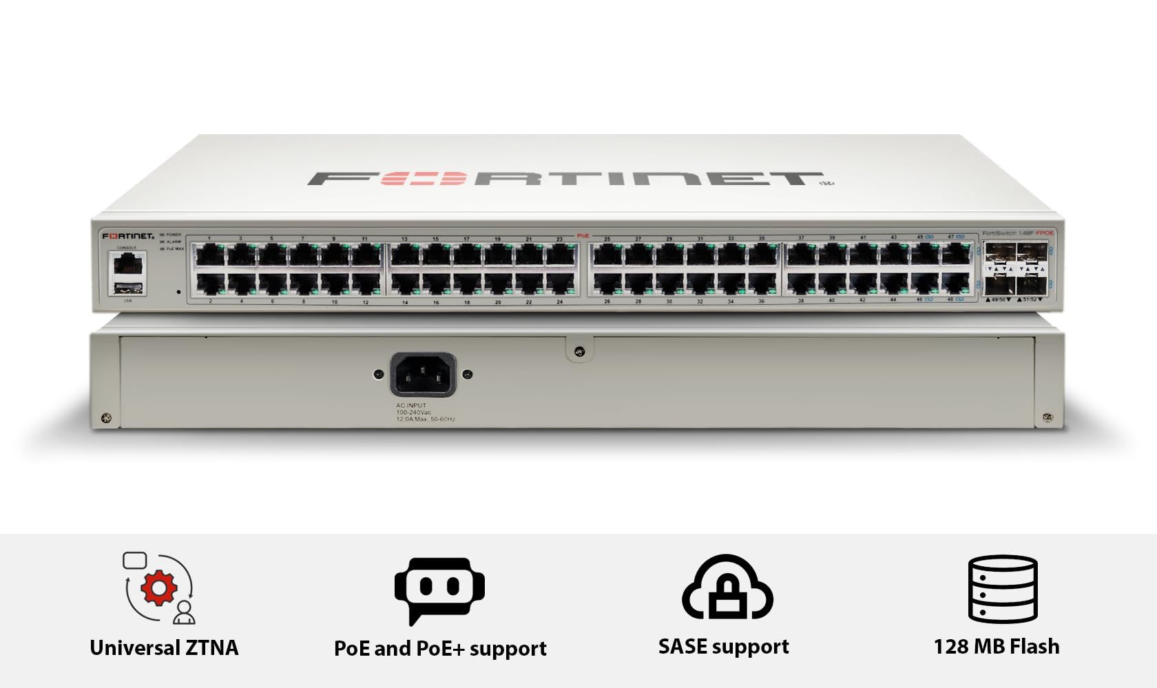 Fortinet FS-148F-FPOE switch-uri L2 Gigabit Ethernet (10/100/1000) Power over Ethernet (PoE) Suport 1U Alb