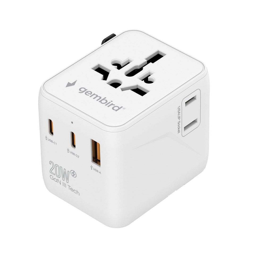 ALIMENTATOR retea 220V GEMBIRD, universal, conectori: US/UK/EU/AU, 2x USB Type-C PD 20W, 1x USB-A QC 18W, siguranta 10A, max. 2500W, alb,  TPA-1A2C20-01-W  (timbru verde 0.18 lei)