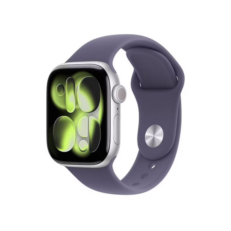 Apple Watch Series 11 GPS 42 mm, carcasă din aluminiu argintie cu brățară sport violet - M/L