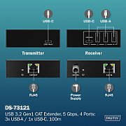 Extender prin cablu de pereche răsucită Cat.6A USB 3.1 Gen1 până la 100m, 3x USB-A, 1x USB-C până la 5 Gbps, 1x RJ45 (Gigabit Ethernet) - set (recepție/transmis