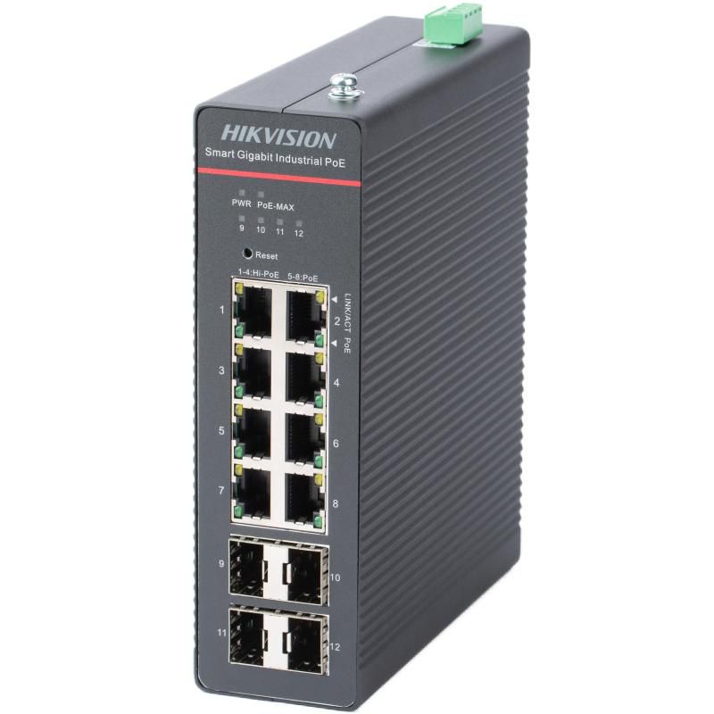 Switch PoE Hikvision DS-3T1512HP-SI-8P4FKIT(75W): 8 x Gigabit PoE RJ45 ports,4 x Gigabit SFP fiber optical ports, port PoE 1-4: maxim 90W, port PoE 5-8: 30W, buget PoE 300W, tensiune alimentare: 48~57 V DC, 7.5 A/ 52 V~57 V recommended input voltage to ensure stable power supply, IP40, dimensiuni