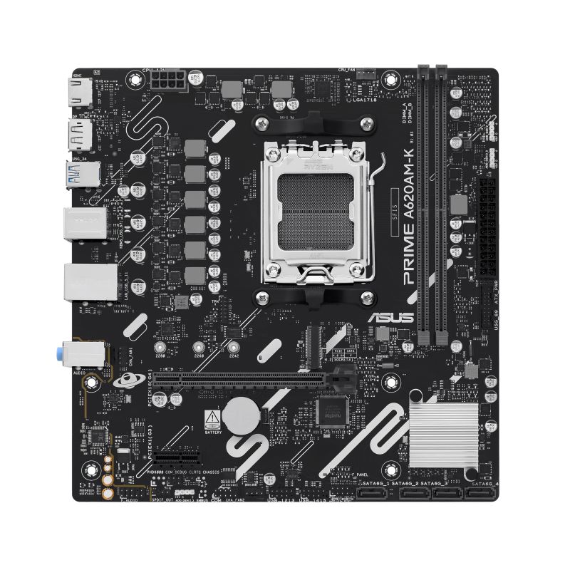 ASUS PRIME A620AM-K. Processor manufacturer: AMD, Processor socket: Socket AM5, Compatible processor series: AMD Ryzen 7000 Series, AMD Ryzen 8000 Series, AMD Ryzen 9000 Series. Supported memory types: DDR5-SDRAM, Maximum internal memory: 128 GB, Memory slots type: DIMM. Supported storage drive