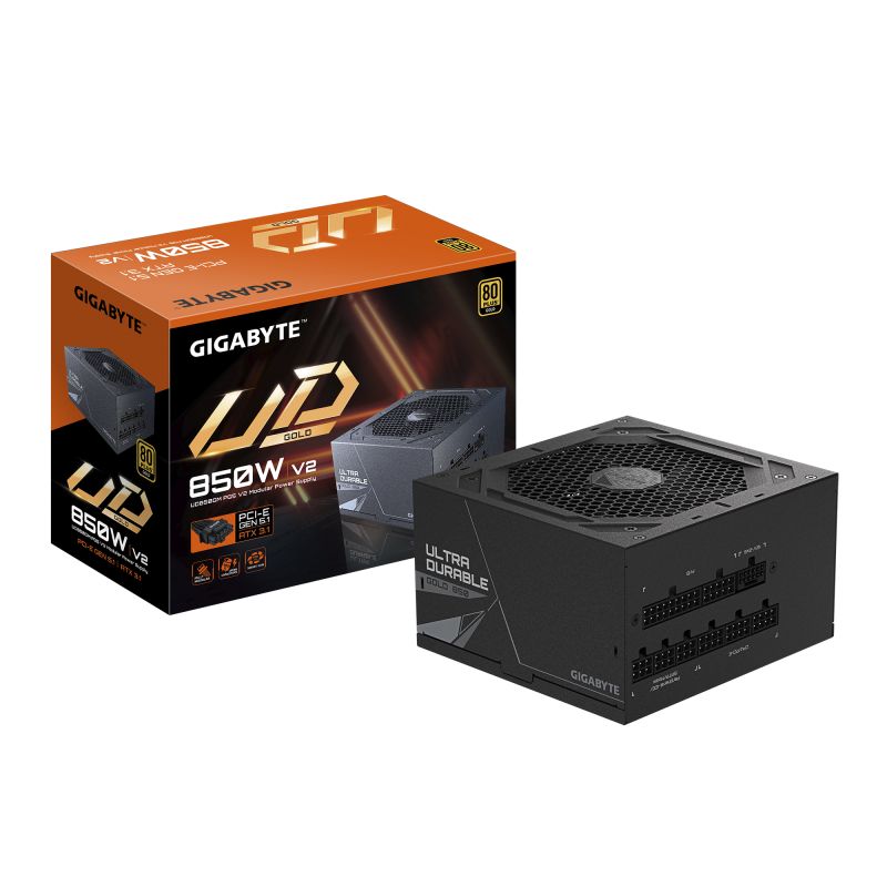 GIGABYTE UD850GM PG5 V2 Power Supply Unit- PCIe Gen 5.1, 80 PLUS Gold, Fully Modular Design, 120mm Fan, ATX 3.1 compatible, EU Plug.  Total power: 850 W, AC input voltage: 100 - 240 V, AC input frequency: 50/60 Hz. Motherboard power connector: 20+4 pin ATX, Motherboard power cable length: 61 cm