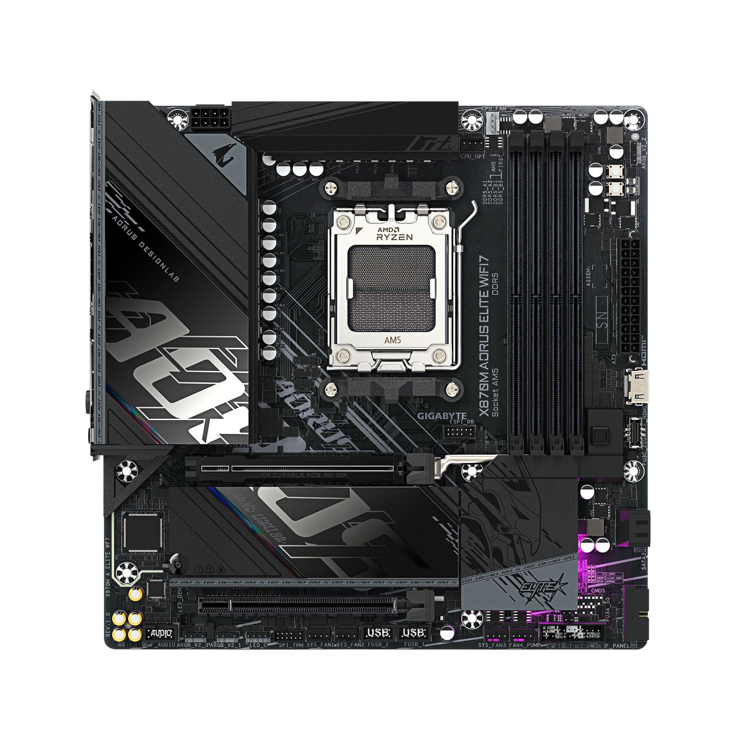 GIGABYTE X870M AORUS ELITE WIFI7. Processor manufacturer: AMD, Processor socket: Socket AM5, Compatible processor series: AMD Ryzen 7000 Series, AMD Ryzen 8000 Series, AMD Ryzen 9000 Series. Supported memory types: DDR5-SDRAM, Maximum internal memory: 256 GB, Memory slots type: DIMM. Supported
