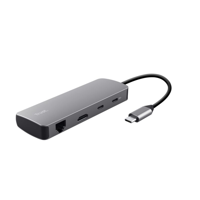 Adaptor Trust Dalyx 8 in 1, USB 3.2 gen 1, 2.0, lungime cablu 15cm, port Ethernet, gri