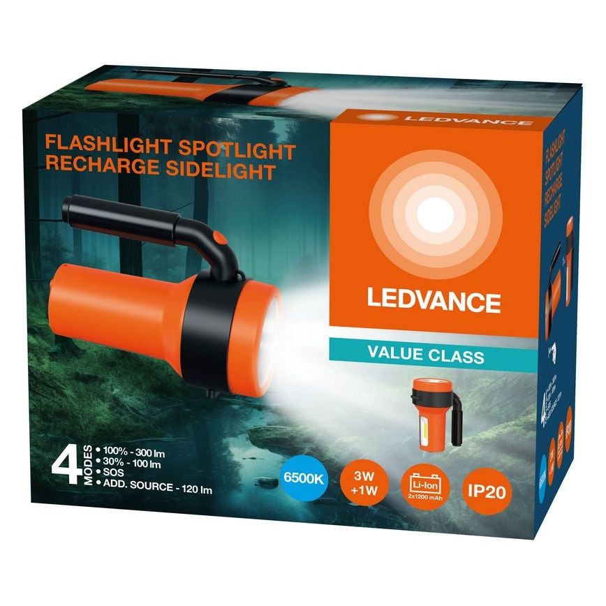 Lanterna LED de mana Ledvance Spotlight, 3W + 1W COB, 300 lm, lumina rece (6500K), 4 moduri de iluminare, acumulator Li-Ion 2x1200mAh, IP20, cablu incarcare USB inclus, Portocaliu/Negru