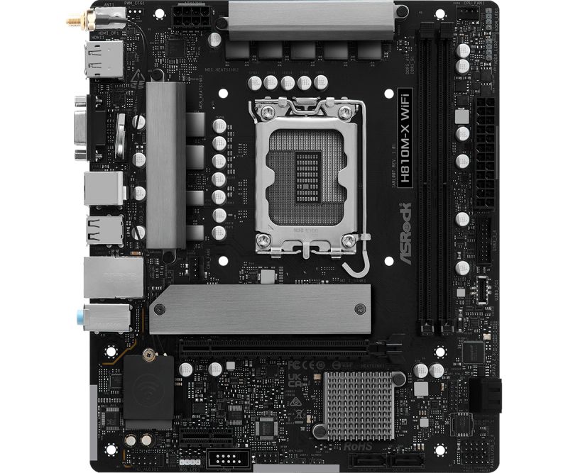 Asrock H810M-X WiFi. Processor manufacturer: Intel, Processor socket: LGA 1851 (Socket V1), Compatible processor series: Intel Core Ultra (Series 2). Supported memory types: DDR5-SDRAM, Maximum internal memory: 128 GB, Memory slots type: DIMM. Supported storage drive interfaces: M.2, SATA III