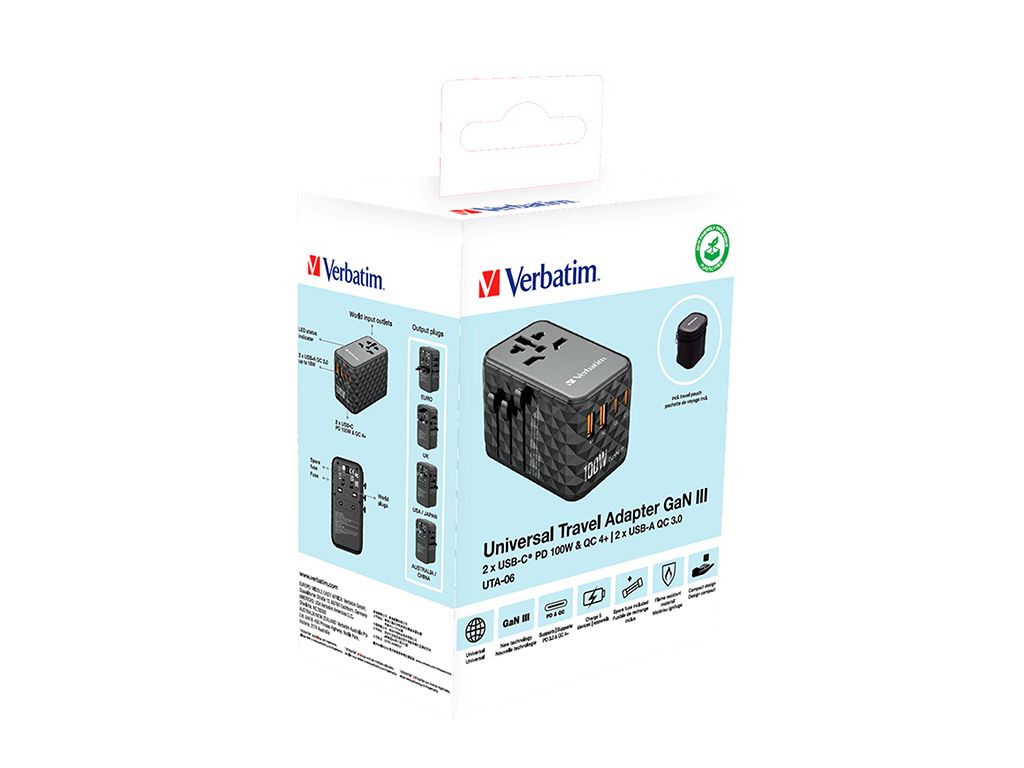 Adaptor universal Verbatim UTA-06, Travel, 100WGaN3, 2xUSB-C PD & QC 4+ & 2 x USB-A QC 3.0 ports