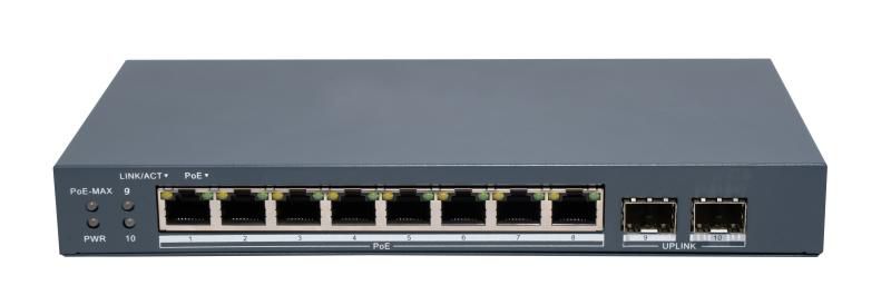 Switch PoE Hikvision DS-3E1510P-EI/M-8P2F: 8 × Gigabit PoE port,2 × Gigabit Fiber Optical port, 8 porturi PoE maxim 30W, buget PoE 80W, tensiune alimentare 54VDC, 1.6A, dimensiuni: 217.6 mm × 27.6 mm × 108.5 mm, greutate: 1.08kg, montare pe birou sau pe perete.