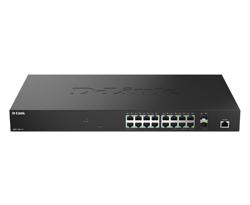 D-Link DMS-1250-18/E. Switch type: Managed, Switch layer: L2. Basic switching RJ-45 Ethernet ports type: 2.5G Ethernet (100/1000/2500), Basic switching RJ-45 Ethernet ports quantity: 16. MAC address table: 16000 entries, Switching capacity: 120 Gbit/s. Networking standards: IEEE 802.1Q, IEEE 802.1p
