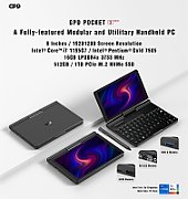 Laptop GPD Pocket 3K1 GPD-POCKET-3, 8 inch 1920 x 1200 pixeli Touchscreen, Intel 7505 (2 C / 4 T, 2.0 GHz - 3.5 GHz, 4 MB cache, 15 W), 16 GB LPDDR4X, 512 GB SSD, Intel UHD Graphics, Windows 11, Tastatura English US, Negru