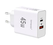 Lemontti Incarcator Retea GaN Fast Charge 45W 1 x PD Type-C + 1 x USB-A Quick Charge 3.0 Alb