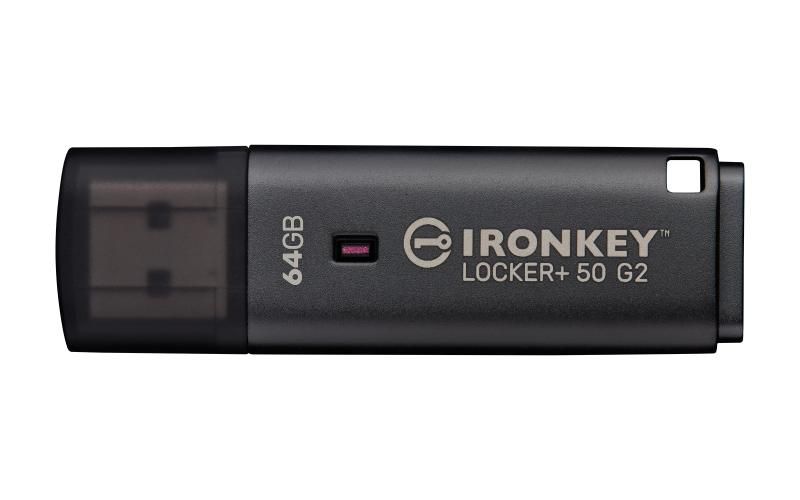 Kingston Technology IronKey Locker+ 50 G2. Capacity: 64 GB, Device interface: USB Type-A, USB version: 3.2 Gen 1 (3.1 Gen 1), Read speed: 145 MB/s, Write speed: 115 MB/s. Form factor: Cap. Weight: 22.94 g. Product colour: Black