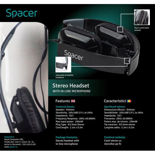 CASTI SPACER cu microfon. pe fir (handsfree), jack 3.5mm, black  SPK-205    (include TV 0.75 lei)
