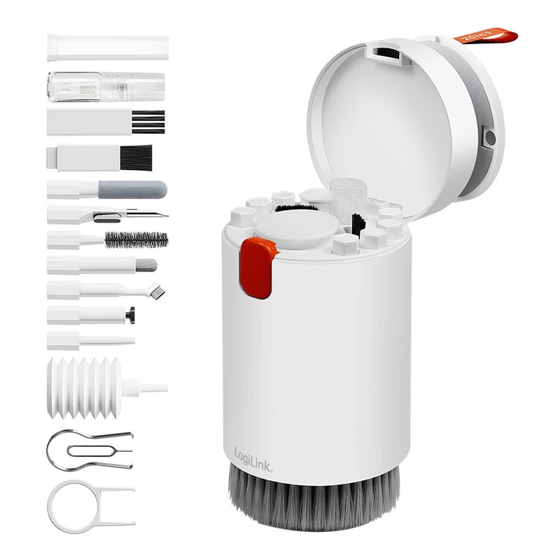 KIT curatare LCD 20-in-1 LOGILINK, include: lichid curatare, laveta, perii, burduf, stilou curatare, dispozitiv extragere, dedicat: tastaturi, telefoane, laptop, tablete, monitoare, casti, foto, white,  RP0025