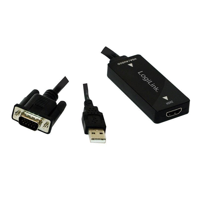 CABLU video LOGILINK, adaptor VGA (T) + Jack 3.5mm (T) la HDMI (M), 15cm, rezolutie maxima Full HD (1920 x 1080) la 60Hz, conecteaza placa video cu VGA la monitor HDMI, cablu power USB, negru,  CV0060  (include TV 0.15 lei)