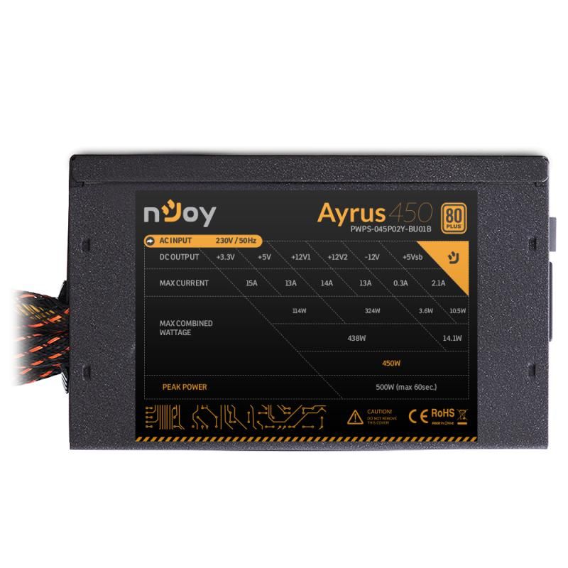 nJoy | Ayrus 450 | PWPS-045P02Y-BU01B | 450 W | ATX | Activa | Numar ventilatoare 1 | 120 mm | 1 x 20 + 4 pin, 1 x 4 + 4 pin ATX 12 V,1 x 6 pin + 2 PCI-E, 4 x SATA, 2 x 4pin Molex | PFC Pasiv | OCP / OVP / UVP / SCP / OPP | >80%_8