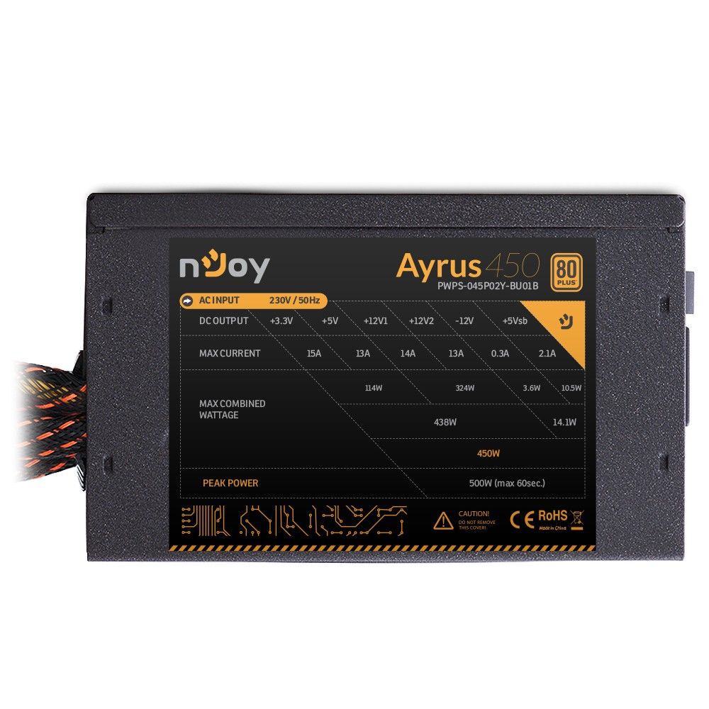 nJoy | Ayrus 450 | PWPS-045P02Y-BU01B | 450 W | ATX | Activa | Numar ventilatoare 1 | 120 mm | 1 x 20 + 4 pin, 1 x 4 + 4 pin ATX 12 V,1 x 6 pin + 2 PCI-E, 4 x SATA, 2 x 4pin Molex | PFC Pasiv | OCP / OVP / UVP / SCP / OPP | >80%_10